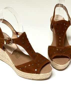 Kanna Made in Spain Brown Suede Studded Espadrille Wedge Sandals EU38 US 7.5-8